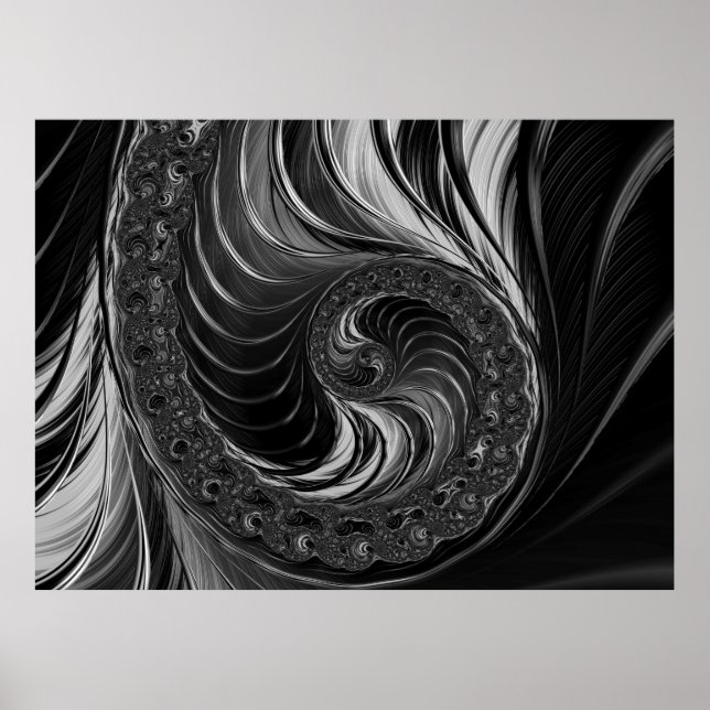 Modern Fractal Black White Metall Nautilus Swirl Poster (Framsidan)