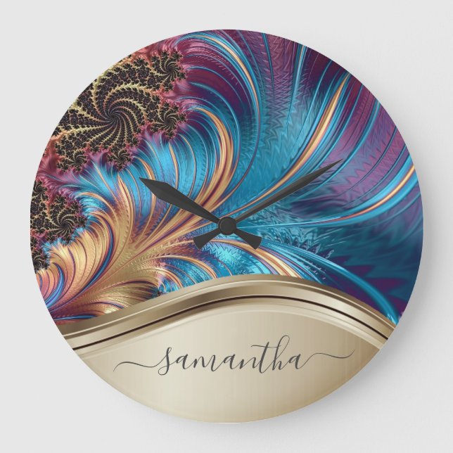 Modern Fractal Blue Guld Handskriftlig Namn Stor Klocka (Framsida)