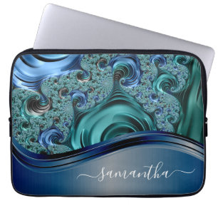 Modern Fractal Blue Handskriftlig Namn Laptop Fodral