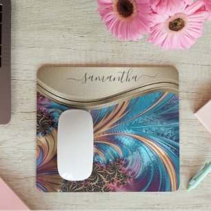 Modern fraktal blå guld handskriven namn musmatta