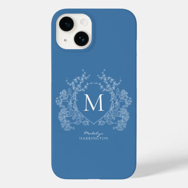 Modern Fransk Blue Blommigt Vapensköld Monogram (Baksida)