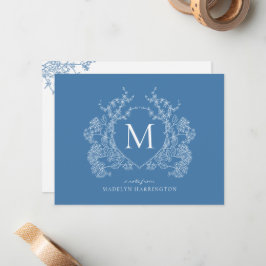 Modern Fransk Blue Blommigt Vapensköld Monogram Anteckningskort