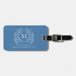 Modern Fransk Blue Blommigt Vapensköld Monogram Bagagebricka
