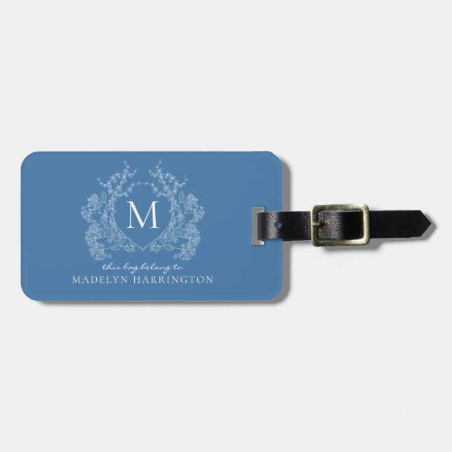 Modern Fransk Blue Blommigt Vapensköld Monogram Bagagebricka (Horisontell Framsida)