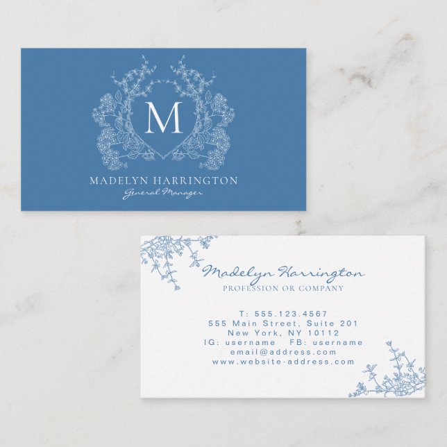 Modern Fransk Blue Blommigt Vapensköld Monogram Visitkort (Fram/baksida)