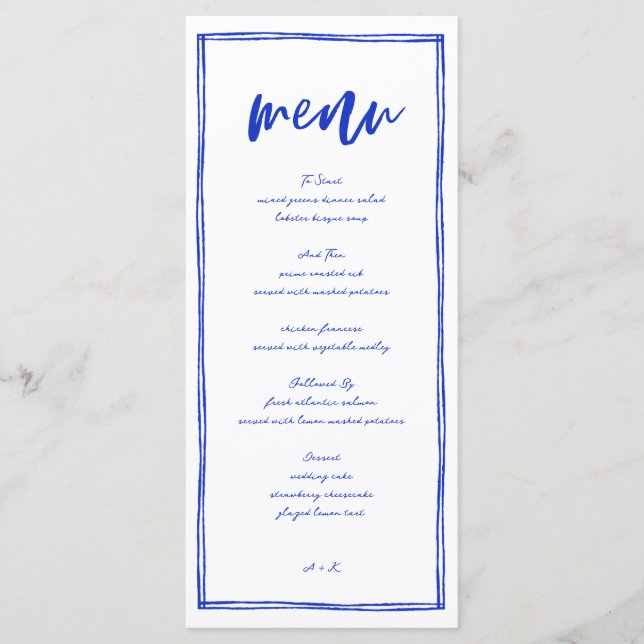 Modern Fransk Blue Bröllop Long Menu Meny (Framsida)