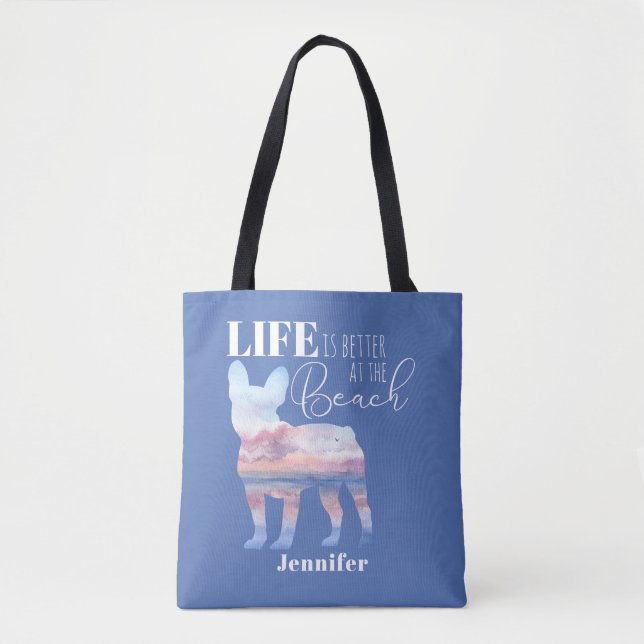 Modern Fransk Bulldog Beach Theme Tote Tygkasse (Framsida)