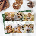 Modern fred och Joy Photo Collage Julkort<br><div class="desc">Färgfullt och modernt helgdag-kort med 6 fotosamlingar av dina favoritfoton i familjen. "Peace and Joy" visas i alternerande ljus och mörk grönt bokstäver. Anpassa kortets framsida genom att lägga till en anpassningsbar Julhälsningar,  namn och året. Kortet återgår till visning med en vit vintern blad mönster med mörk grönt bakgrund.</div>