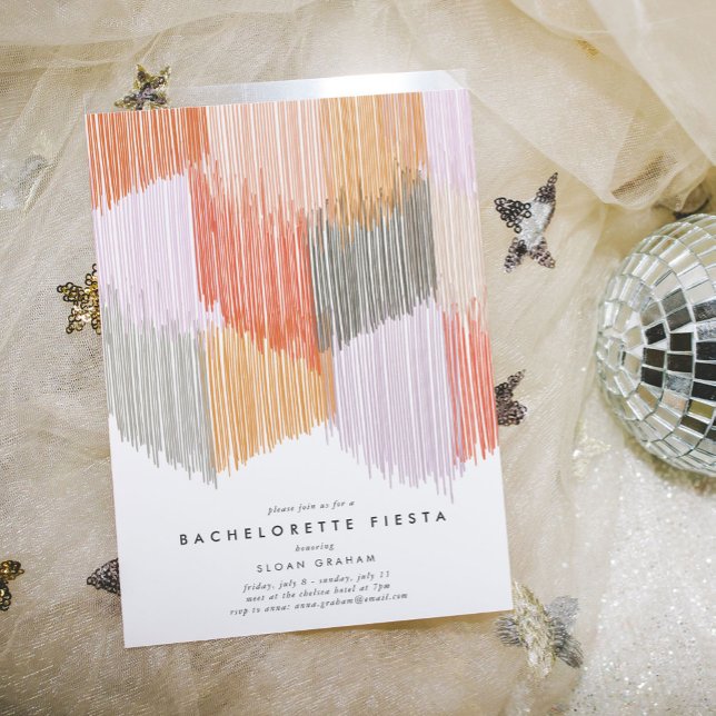 Modern Fringe Bachelorette Party-inbjudan Spara Datumet (Pink modern fringe bachelorette party invitation.)