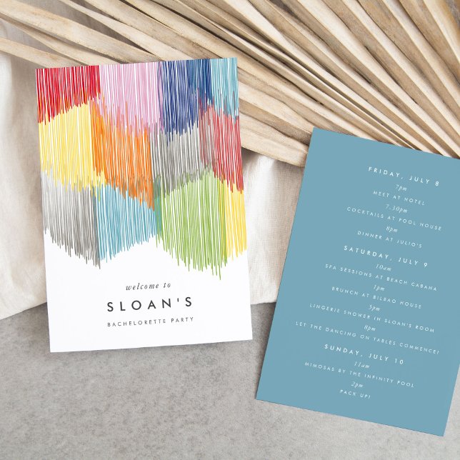 Modern Fringe Bachelorette Party Itinerary Spara Datumet (Colorful rainbow modern fringe fiesta bachelorette party itinerary cards.)