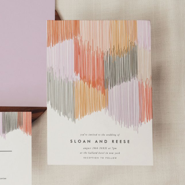 Modern fringe bröllop spara datumet (Pink modern fringe wedding invitation.)