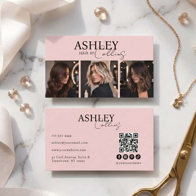 Modern frisör Blush Rosa Foto QR-kod Visitkort (Skapare uppladdad)