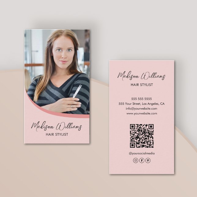 Modern Frisör Foto QR Rosa Visitkort (Modern Hair Stylist Photo QR Pink Business Card)
