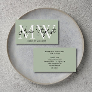Modern frisör monogram mjuk grön visitkort