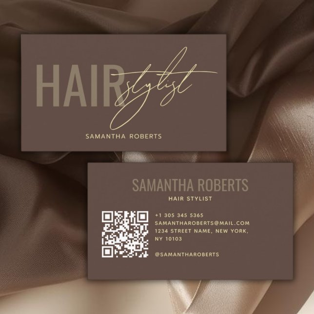 Modern frisör QR-kod brun Visitkort (Skapare uppladdad)