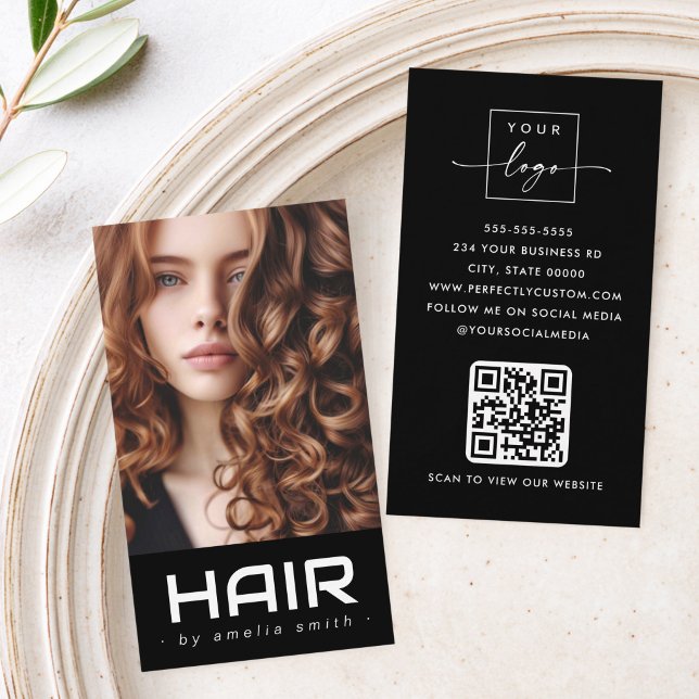 Modern frisör stylist svart visitkort (Modern hair hairdresser stylist black business card)