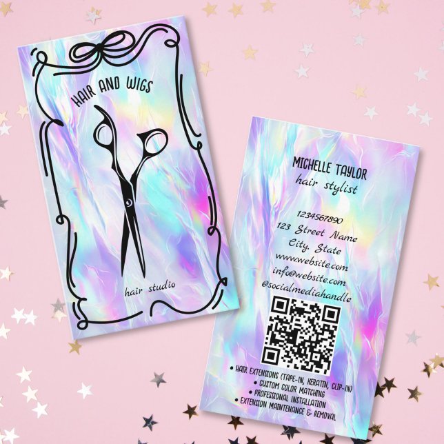 Modern frisör Whimsical Handritad Doodle Visitkort (cute bow doodle hair scissors business card)