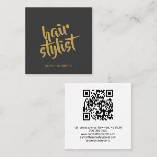 Modern frisörmanus grå guld qr-kod fyrkantigt visitkort