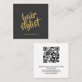 Modern frisörmanus grå guld qr-kod fyrkantigt visitkort