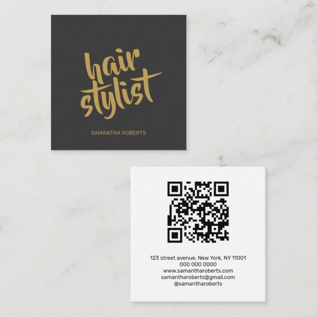 Modern frisörmanus grå guld qr-kod  fyrkantigt visitkort (Fram/baksida)