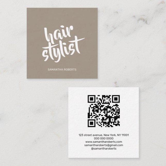 Modern frisörskript ljusbrun qr-kod fyrkantigt visitkort (Fram/baksida)