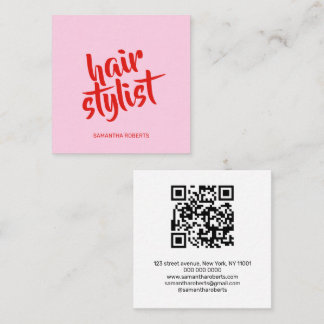 Modern frisörskript rosa röd qr-kod fyrkantigt visitkort