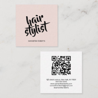 Modern frisörskript rosabrunt qr-kod fyrkantigt visitkort