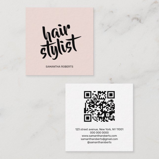 Modern frisörskript rosabrunt qr-kod fyrkantigt visitkort (Fram/baksida)