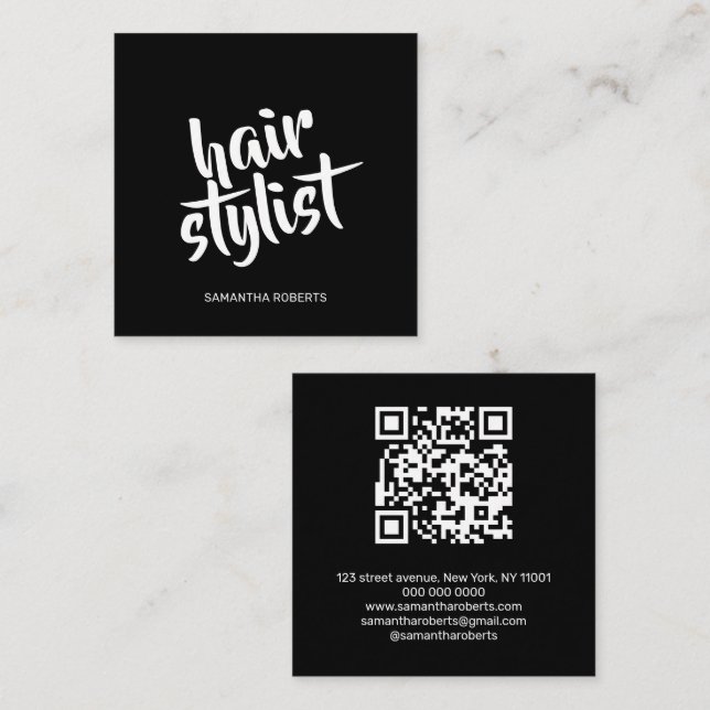 Modern frisörskript svart QR-kod Fyrkantigt Visitkort (Fram/baksida)