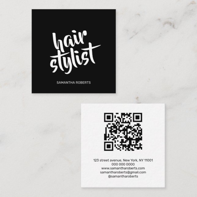 Modern frisörskript svart-vit QR-kod  Fyrkantigt Visitkort (Fram/baksida)
