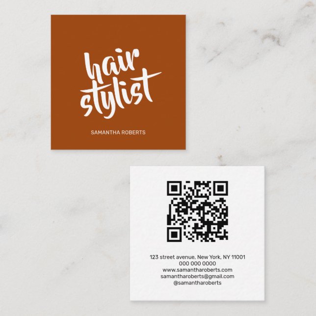 Modern frisörskript terrakotta qr-kod fyrkantigt visitkort (Fram/baksida)