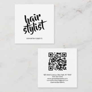 Modern frisörskript vit svart qr-kod fyrkantigt visitkort