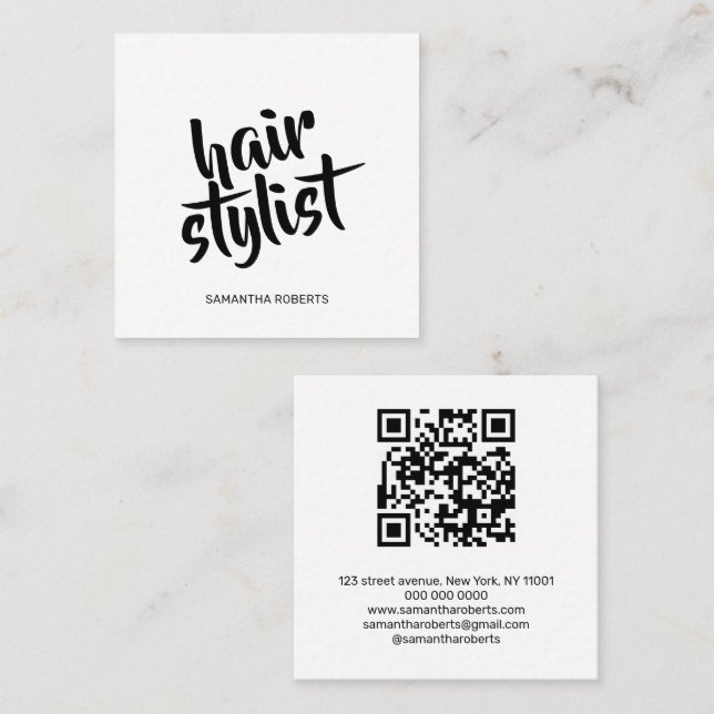 Modern frisörskript vit svart qr-kod  fyrkantigt visitkort (Fram/baksida)