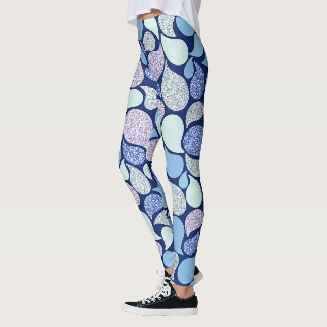 Modern Frosty Glitter Paisley Mönster Blue Leggings (Vänster)