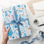 Modern, fryst, blått julklapp presentpapper<br><div class="desc">Cute Modern Gift Wrapping Papper! Utformningen av frysta blå blad,  snöflingor och vintern bladverk.</div>