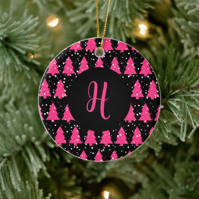 Modern Fuchsia & Black Julgran Monogram Ce Julgransprydnad Keramik (Träd)