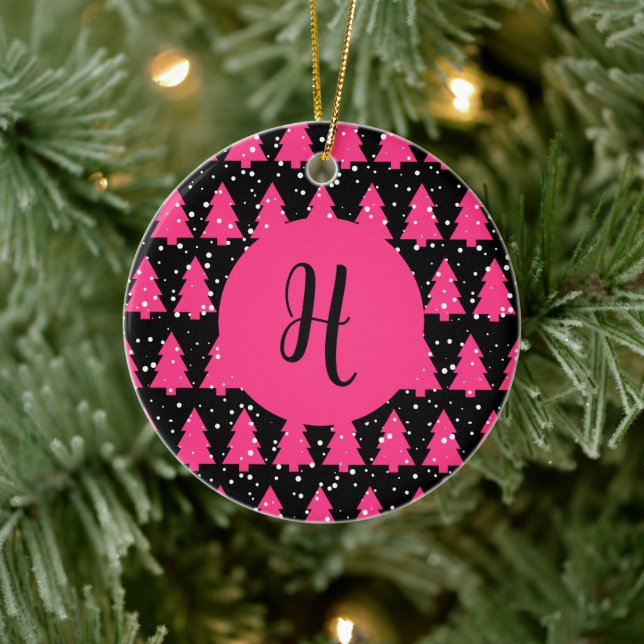 Modern Fuchsia & Black Julgran Monogram Ce Julgransprydnad Keramik (Träd)