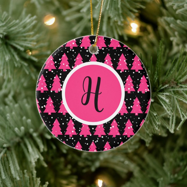 Modern Fuchsia & Black Julgran Monogram Ce Julgransprydnad Keramik (Träd)