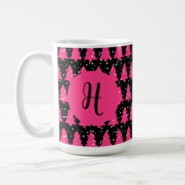 Modern Fuchsia & Black Julgran Monogram Cof Kaffemugg (Vänster)