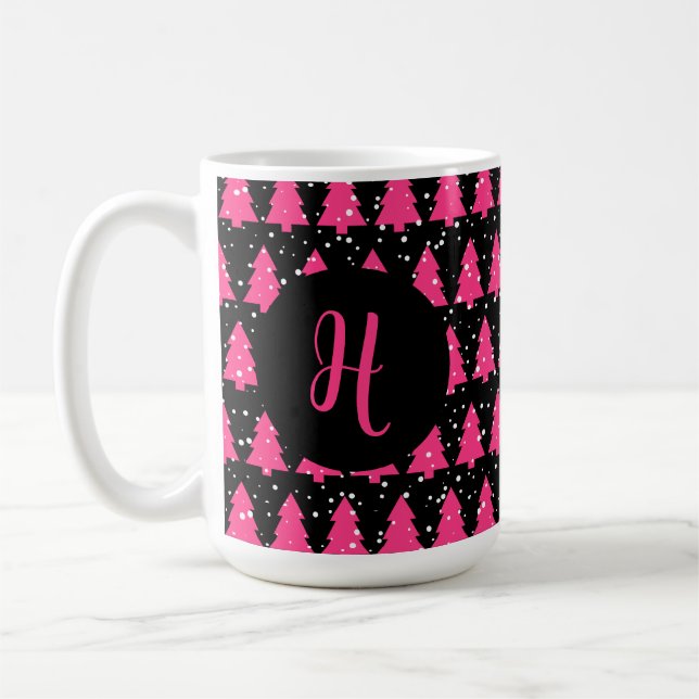 Modern Fuchsia & Black Julgran Monogram Cof Kaffemugg (Vänster)