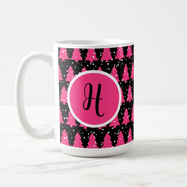 Modern Fuchsia & Black Julgran Monogram Cof Kaffemugg (Vänster)