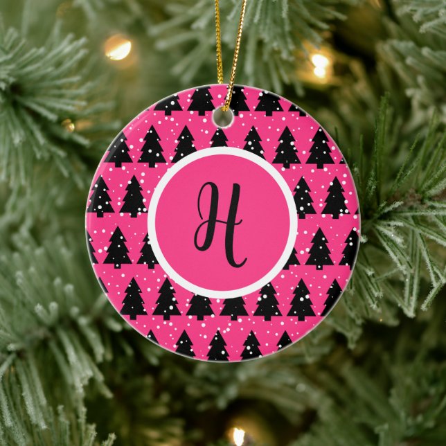 Modern Fuchsia & Black Julgran Monogram Julgransprydnad Keramik (Träd)