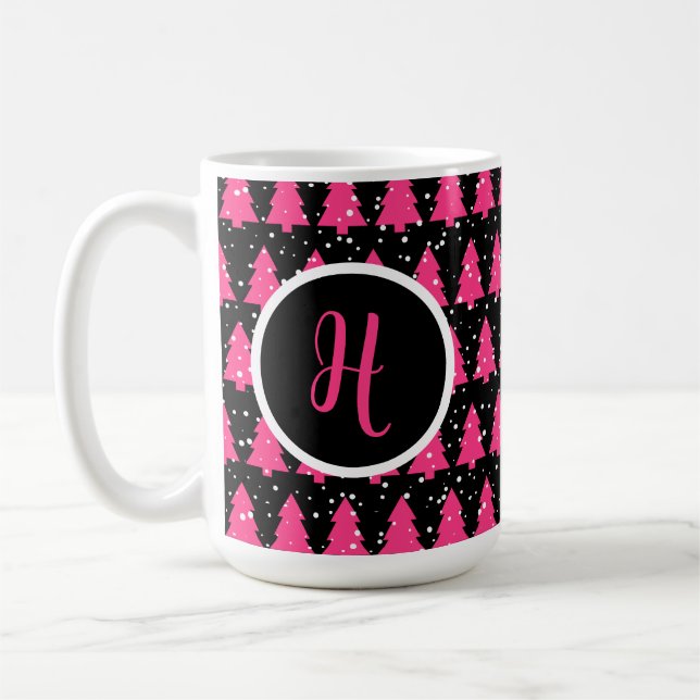 Modern Fuchsia & Black Julgran Monogram Kaffemugg (Vänster)