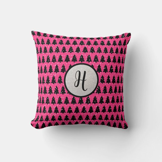 Modern Fuchsia & Black Monogram Dekorativ kudde (Framsida)