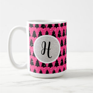 Modern Fuchsia och svart Julgran-monogram Kaffemugg