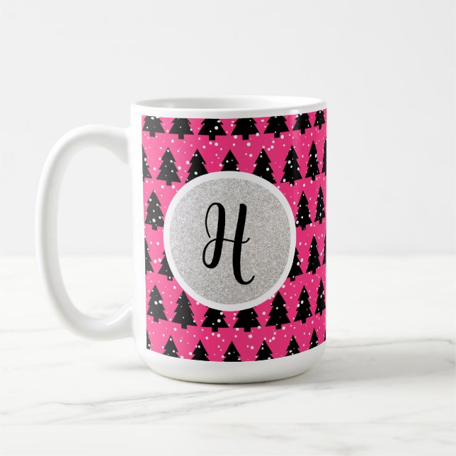 Modern Fuchsia och svart Julgran-monogram Kaffemugg (Vänster)