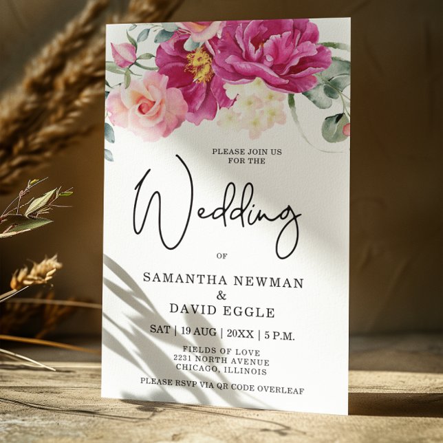 Modern Fuchsia Rosa Blommigt QR Code Bröllop Inbjudningar (Skapare uppladdad)