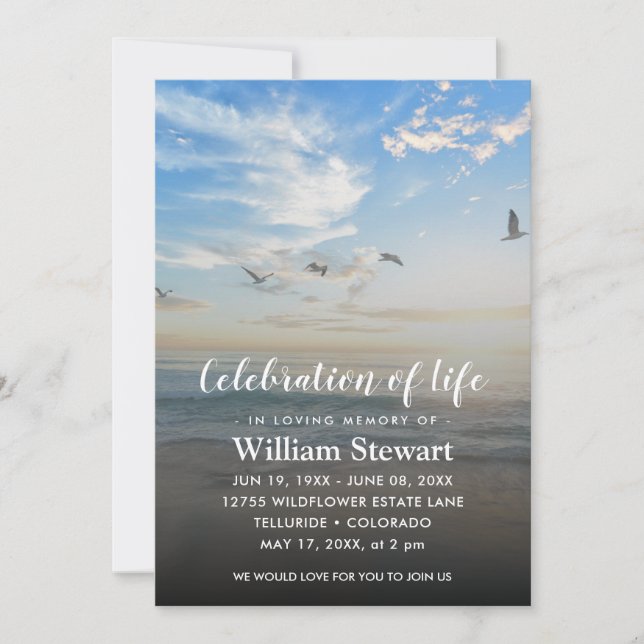 Modern Funeral | Firande i Life Beach Sunset Inbjudningar (Framsida)