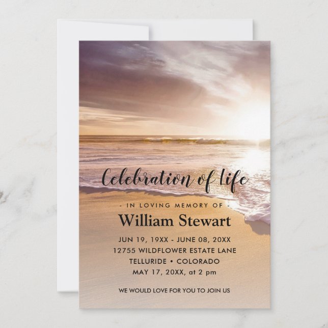 Modern Funeral | Firande i Life Beach Sunset Inbjudningar (Framsida)