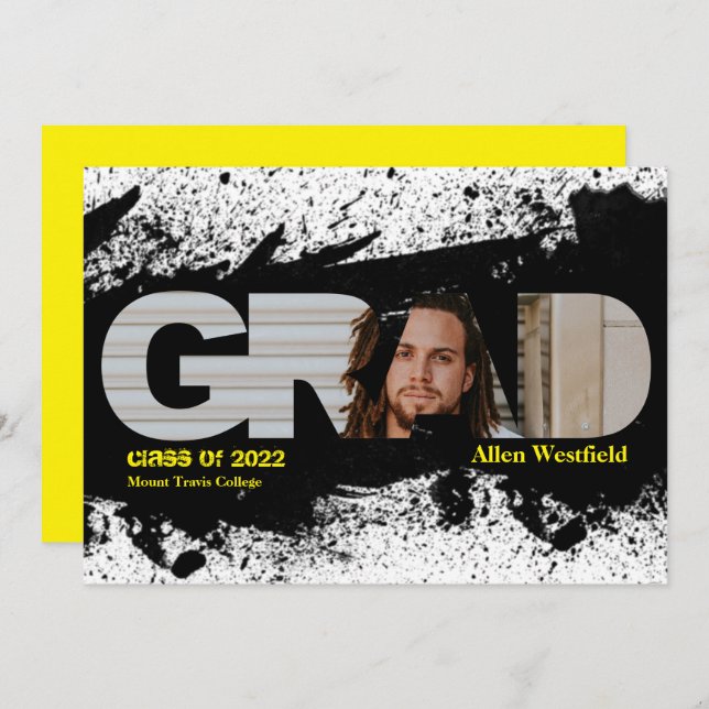 Modern Funky Black Splat GRAD-fotomeddelande Inbjudningar (Fram/baksida)